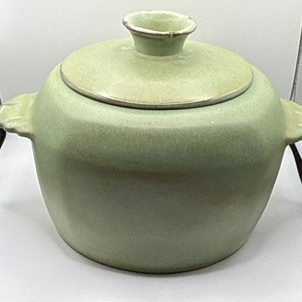 Frankoma Green Round Pottery Casserole Dish w/ Lid & Handles Marked S W